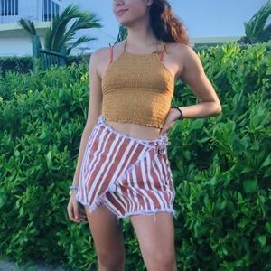 Boho Tie Around Brown White Diagonal Stripe Skirt